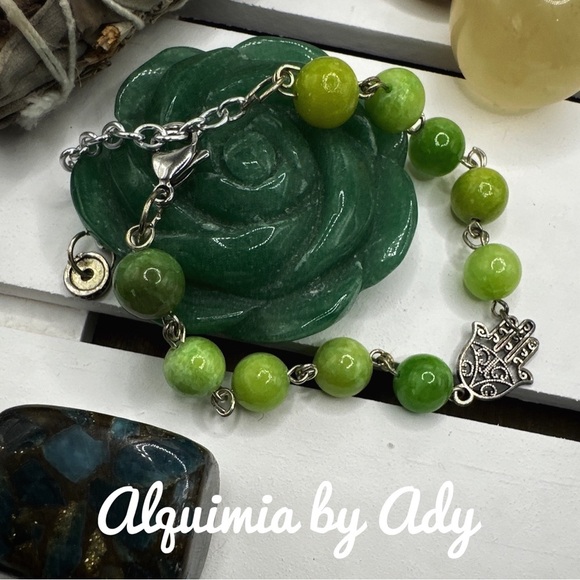 imperial jade hamsa hand rosary link silver adjustable bracelet/good luck - Picture 1 of 9